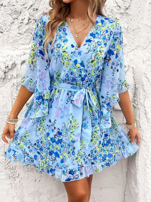 Devine Ruffled Printed Surplice Half Sleeve Mini Dress Elegant Smart Buyer