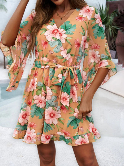 Devine Ruffled Printed Surplice Half Sleeve Mini Dress Elegant Smart Buyer