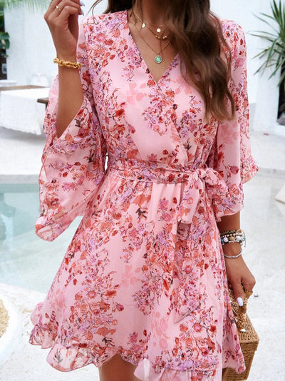 Devine Ruffled Printed Surplice Half Sleeve Mini Dress Elegant Smart Buyer