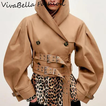 Women's Long Trench Coat Double Breasted Hooded Punk Crop Jackets With Belt Waist-Cinched Windbreakers 2025 Autumn Lady Outwears