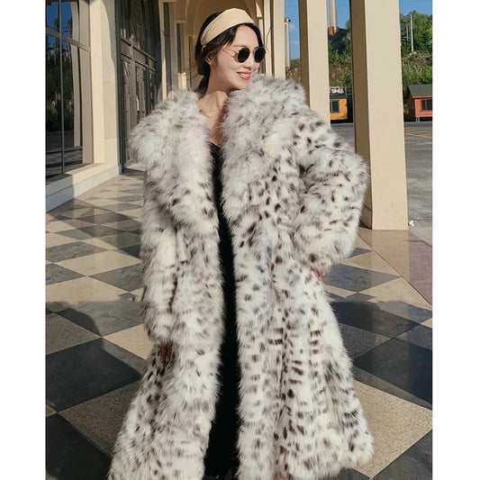 Women's winter imitation fox fur young leopard-print fur coat long knee-length mink coat