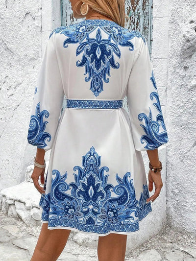 Paisley V-Neck 3/4 Sleeve Mini Dress Elegant Smart Buyer