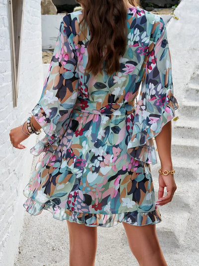 Devine Ruffled Printed Surplice Half Sleeve Mini Dress Elegant Smart Buyer