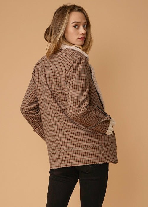 Asymmetrical Zip Front Coat in Peach Gingham Elegant Smart Buyer