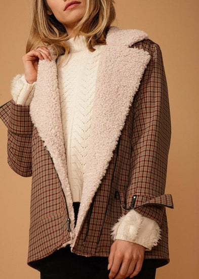 Asymmetrical Zip Front Coat in Peach Gingham Elegant Smart Buyer