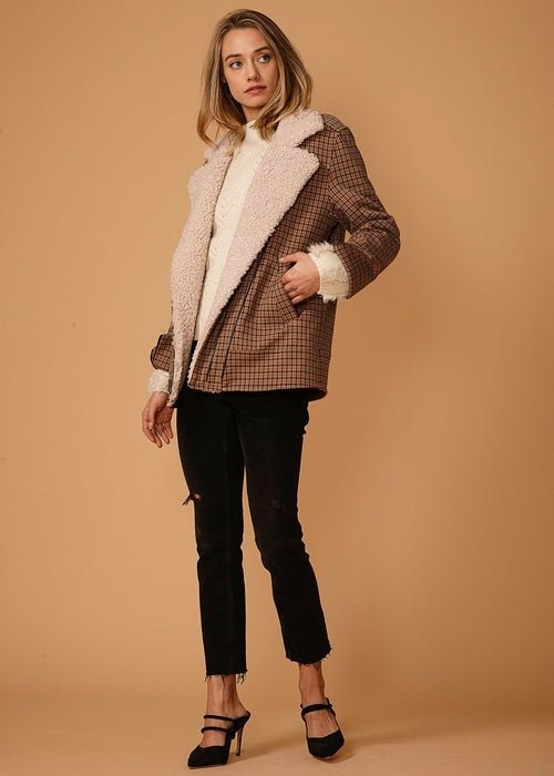 Asymmetrical Zip Front Coat in Peach Gingham Elegant Smart Buyer