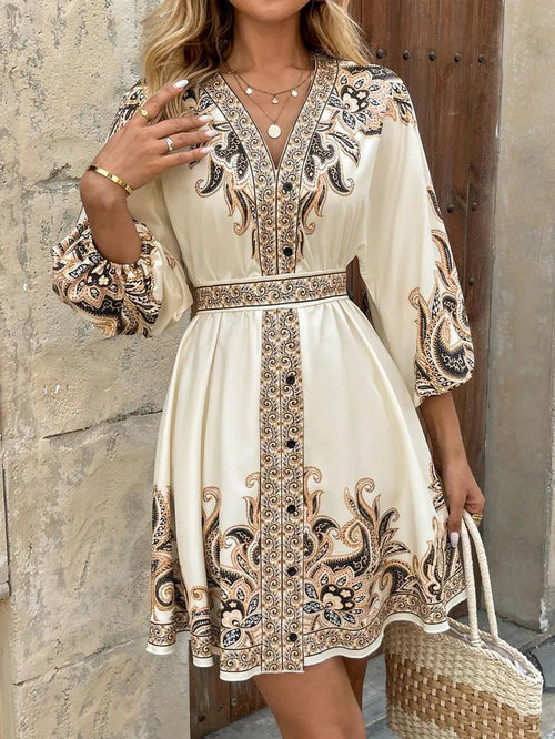 Paisley V-Neck 3/4 Sleeve Mini Dress Elegant Smart Buyer