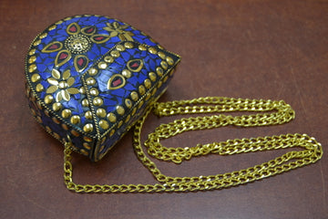 Handmade Blue Shell Clutch Brass Metal Purse
