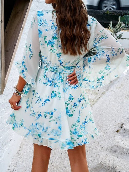Devine Ruffled Printed Surplice Half Sleeve Mini Dress Elegant Smart Buyer