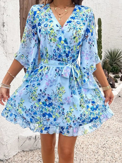 Devine Ruffled Printed Surplice Half Sleeve Mini Dress Elegant Smart Buyer
