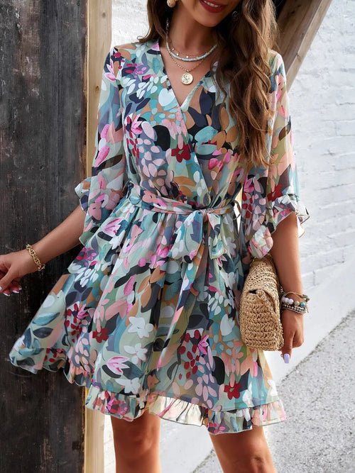 Devine Ruffled Printed Surplice Half Sleeve Mini Dress Elegant Smart Buyer