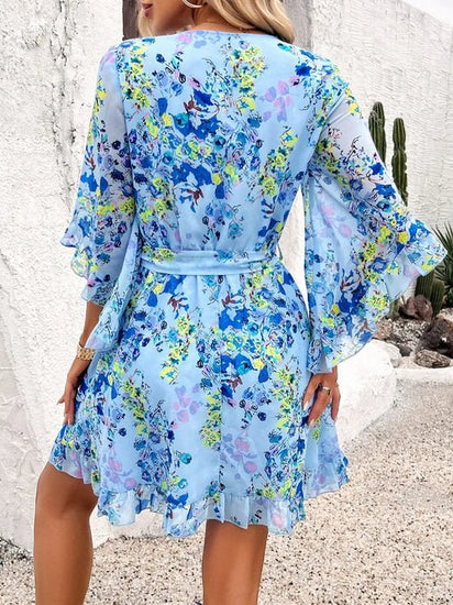Devine Ruffled Printed Surplice Half Sleeve Mini Dress Elegant Smart Buyer
