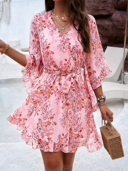 Devine Ruffled Printed Surplice Half Sleeve Mini Dress Elegant Smart Buyer