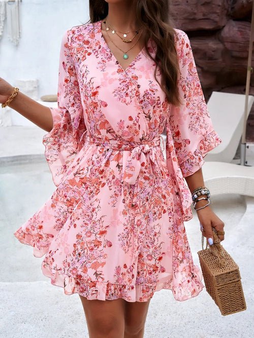 Devine Ruffled Printed Surplice Half Sleeve Mini Dress Elegant Smart Buyer