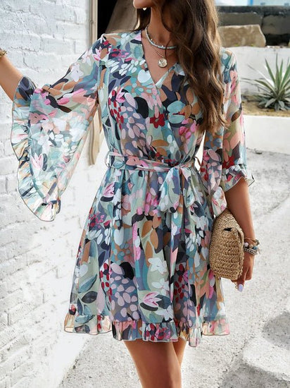 Devine Ruffled Printed Surplice Half Sleeve Mini Dress Elegant Smart Buyer