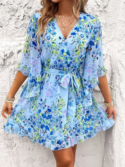 Devine Ruffled Printed Surplice Half Sleeve Mini Dress Elegant Smart Buyer