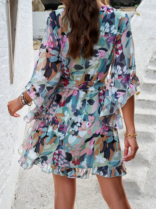Devine Ruffled Printed Surplice Half Sleeve Mini Dress Elegant Smart Buyer