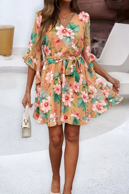 Devine Ruffled Printed Surplice Half Sleeve Mini Dress Elegant Smart Buyer