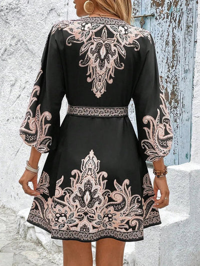 Paisley V-Neck 3/4 Sleeve Mini Dress Elegant Smart Buyer