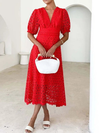 Eyelet Lace V-Neck Midi Dress with Puff Sleeves Elegant Smart Buyer