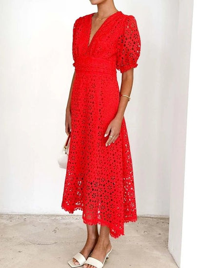 Eyelet Lace V-Neck Midi Dress with Puff Sleeves Elegant Smart Buyer
