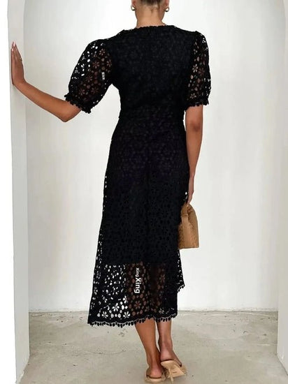 Eyelet Lace V-Neck Midi Dress with Puff Sleeves Elegant Smart Buyer
