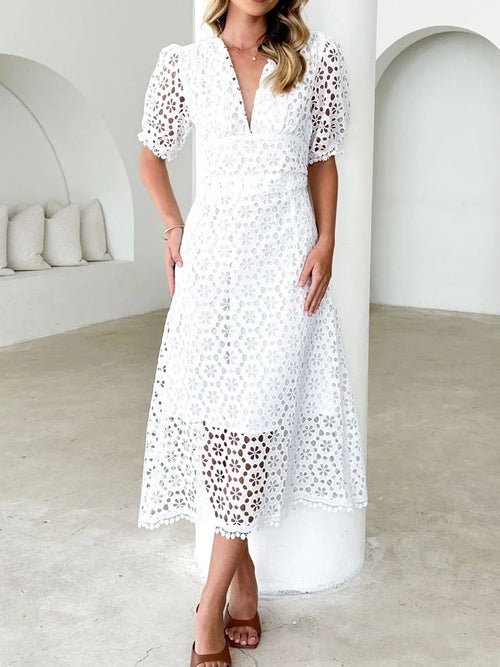 Eyelet Lace V-Neck Midi Dress with Puff Sleeves Elegant Smart Buyer