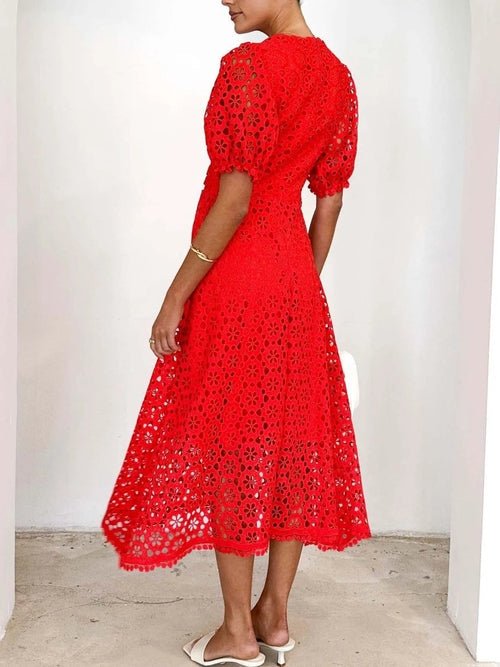Eyelet Lace V-Neck Midi Dress with Puff Sleeves Elegant Smart Buyer