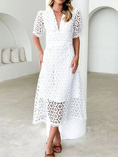 Eyelet Lace V-Neck Midi Dress with Puff Sleeves Elegant Smart Buyer