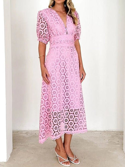 Eyelet Lace V-Neck Midi Dress with Puff Sleeves Elegant Smart Buyer