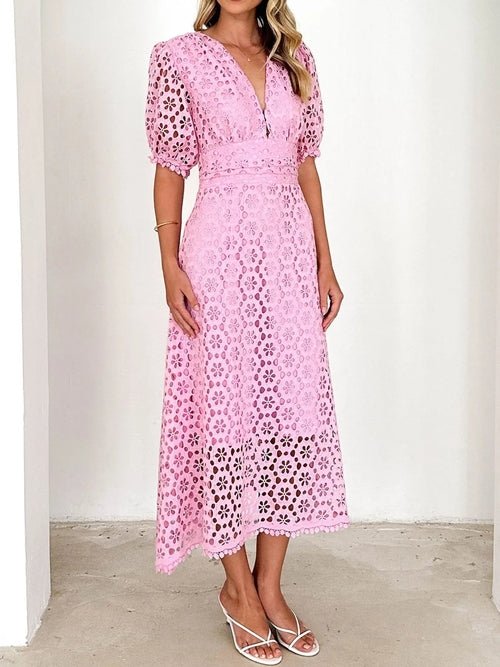 Eyelet Lace V-Neck Midi Dress with Puff Sleeves Elegant Smart Buyer