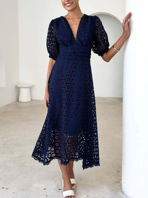 Eyelet Lace V-Neck Midi Dress with Puff Sleeves Elegant Smart Buyer