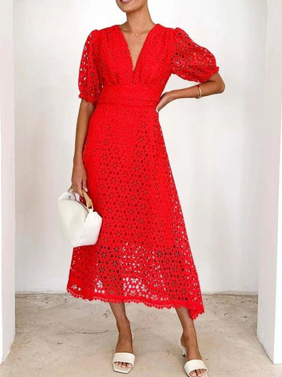 Eyelet Lace V-Neck Midi Dress with Puff Sleeves Elegant Smart Buyer