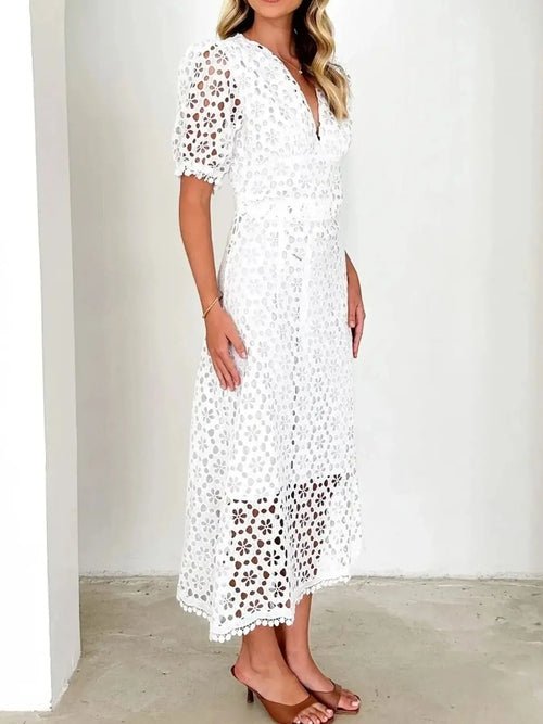 Eyelet Lace V-Neck Midi Dress with Puff Sleeves Elegant Smart Buyer