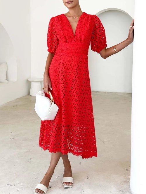 Eyelet Lace V-Neck Midi Dress with Puff Sleeves Elegant Smart Buyer