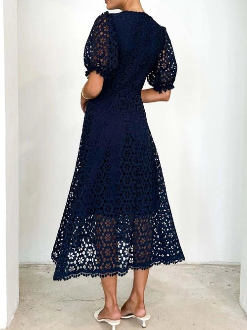 Eyelet Lace V-Neck Midi Dress with Puff Sleeves Elegant Smart Buyer