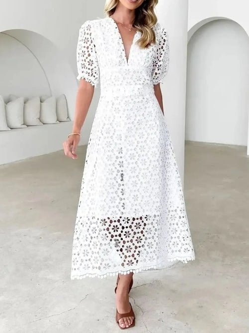Eyelet Lace V-Neck Midi Dress with Puff Sleeves Elegant Smart Buyer