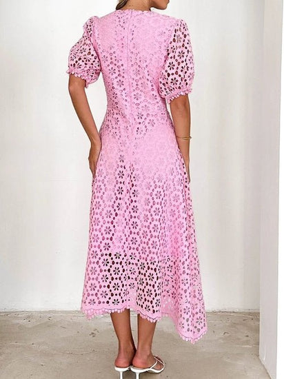 Eyelet Lace V-Neck Midi Dress with Puff Sleeves Elegant Smart Buyer