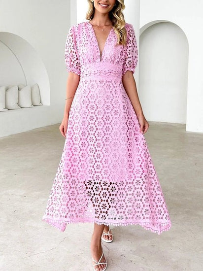 Eyelet Lace V-Neck Midi Dress with Puff Sleeves Elegant Smart Buyer