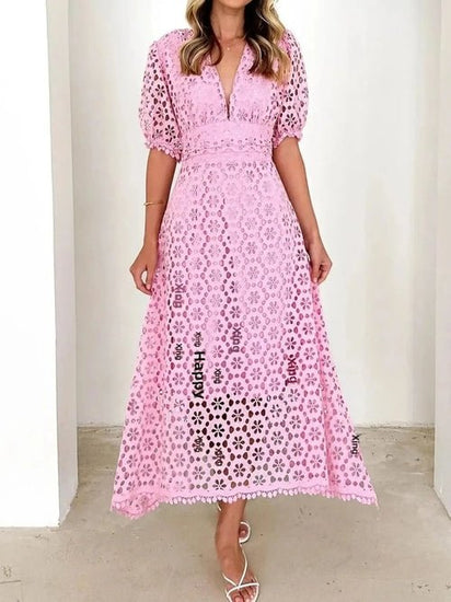 Eyelet Lace V-Neck Midi Dress with Puff Sleeves Elegant Smart Buyer