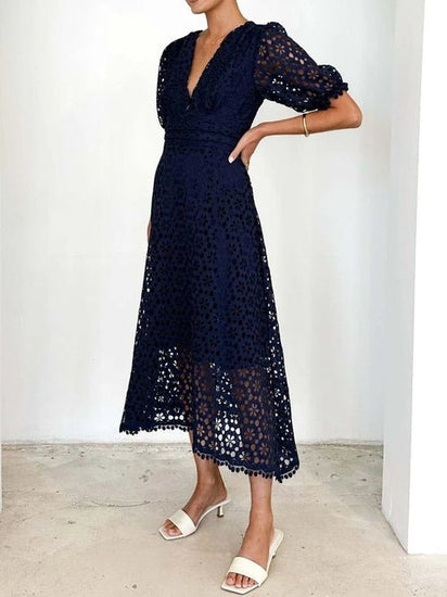 Eyelet Lace V-Neck Midi Dress with Puff Sleeves Elegant Smart Buyer