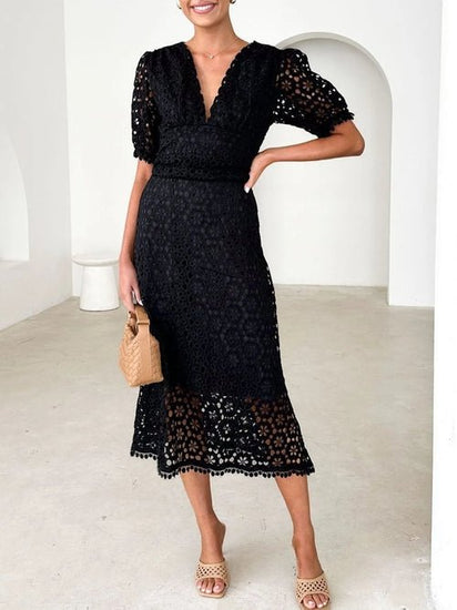 Eyelet Lace V-Neck Midi Dress with Puff Sleeves Elegant Smart Buyer