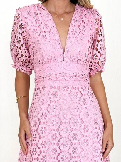 Eyelet Lace V-Neck Midi Dress with Puff Sleeves Elegant Smart Buyer
