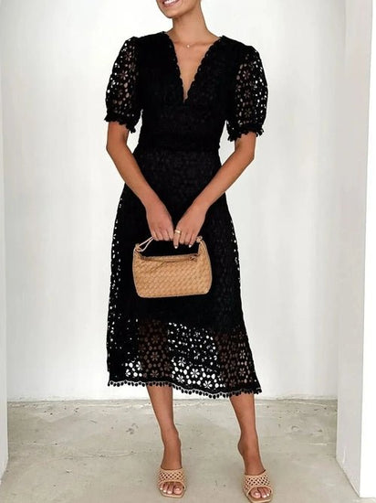 Eyelet Lace V-Neck Midi Dress with Puff Sleeves Elegant Smart Buyer