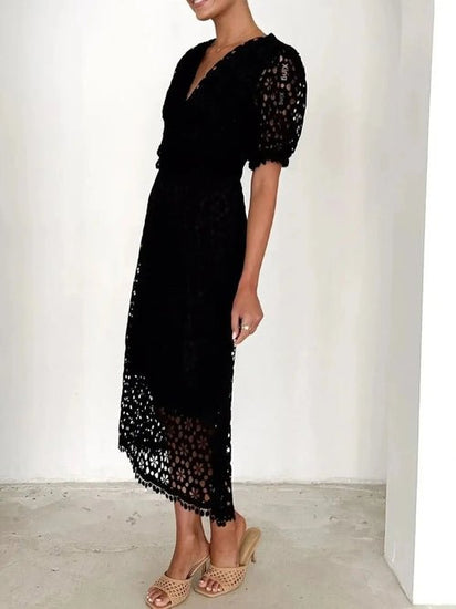 Eyelet Lace V-Neck Midi Dress with Puff Sleeves Elegant Smart Buyer