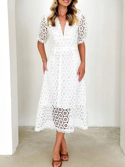 Eyelet Lace V-Neck Midi Dress with Puff Sleeves Elegant Smart Buyer