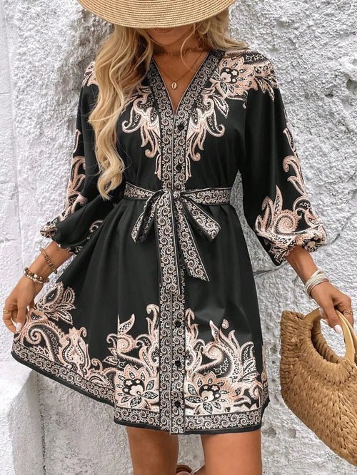 Paisley V-Neck 3/4 Sleeve Mini Dress Elegant Smart Buyer