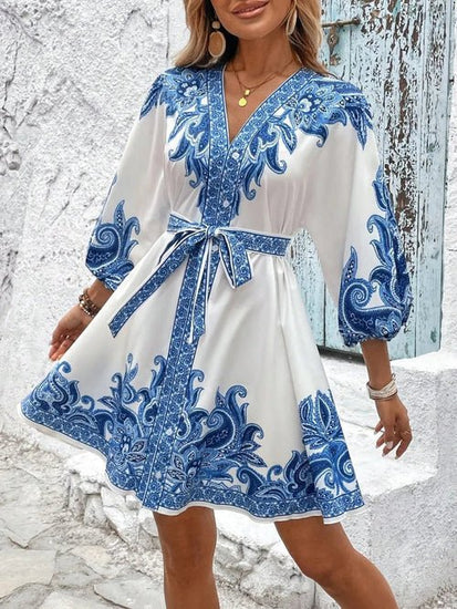 Paisley V-Neck 3/4 Sleeve Mini Dress Elegant Smart Buyer
