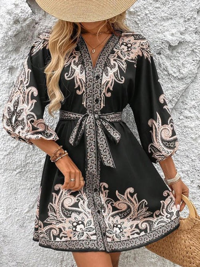Paisley V-Neck 3/4 Sleeve Mini Dress Elegant Smart Buyer