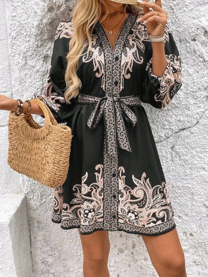 Paisley V-Neck 3/4 Sleeve Mini Dress Elegant Smart Buyer